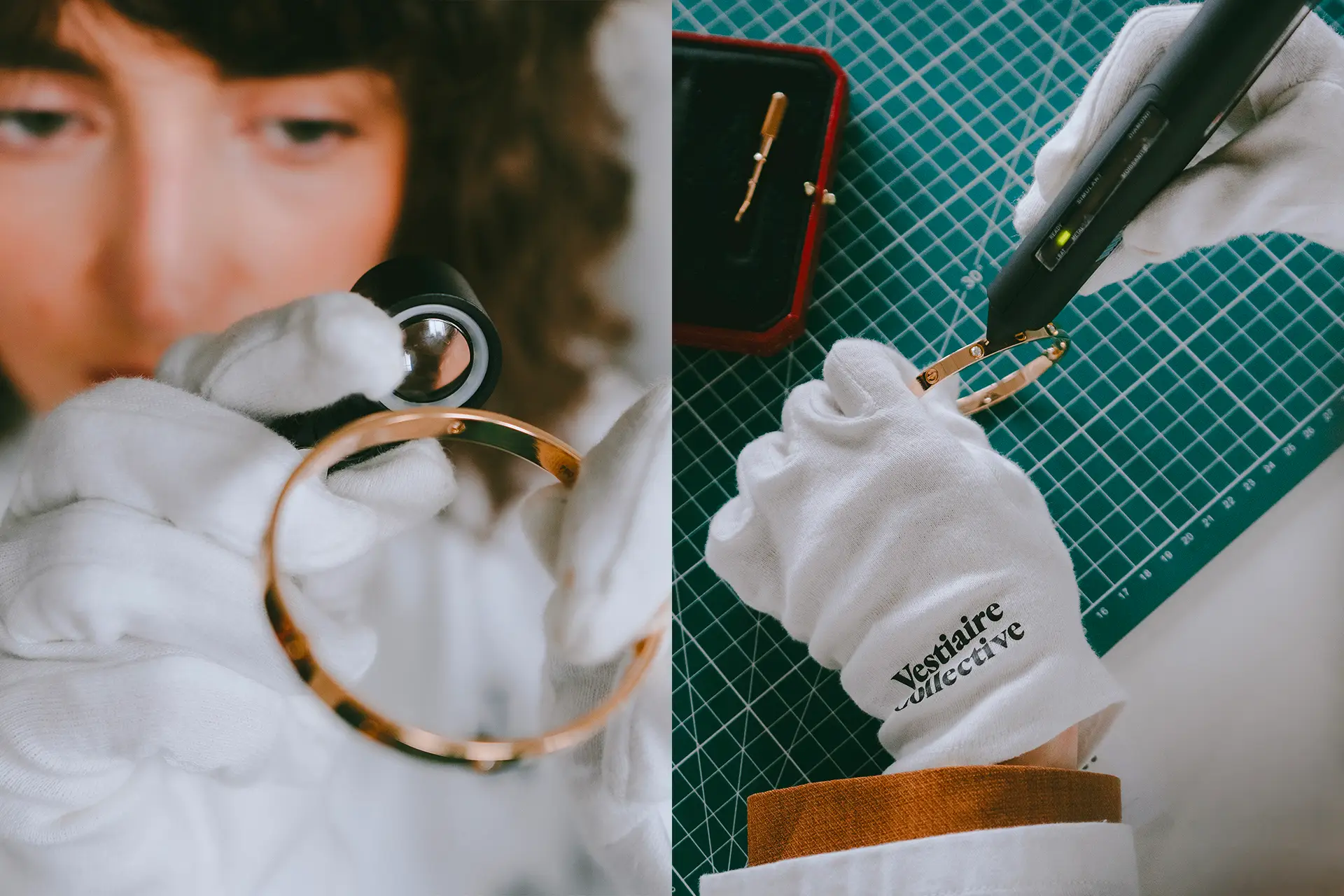 An authenticator examining a vintage bracelet with a loupe and white gloves